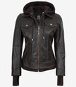 Blouson aviateur en cuir marron vieilli pour femme avec capuche amovible