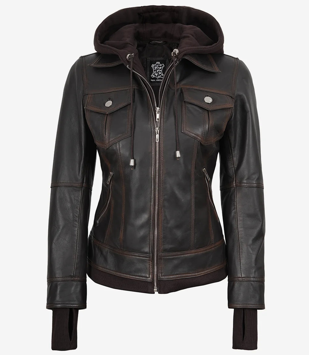 Blouson aviateur en cuir marron vieilli pour femme avec capuche amovible