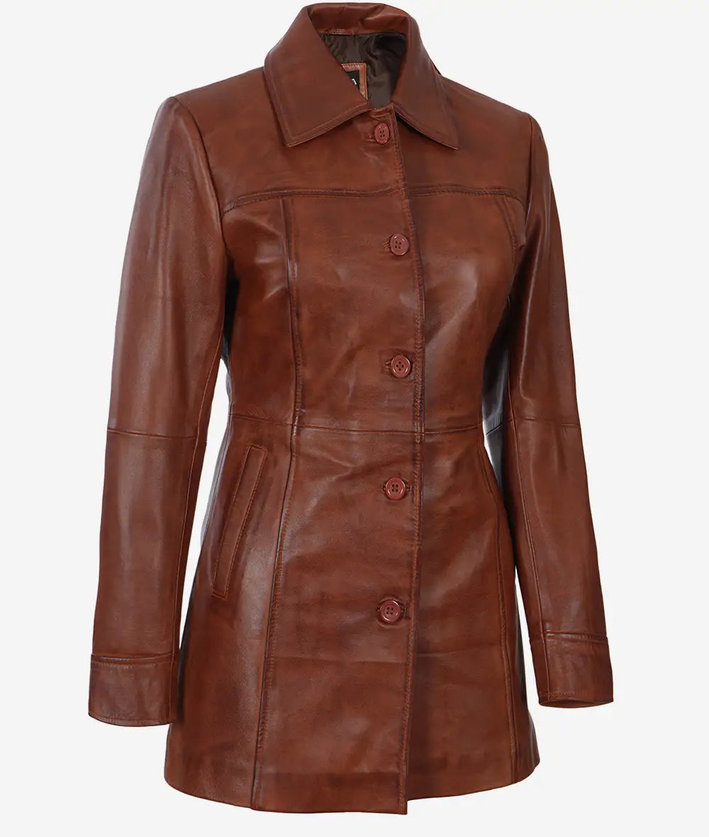 Womens Petite Cognac 3 Quarter Leather Coat