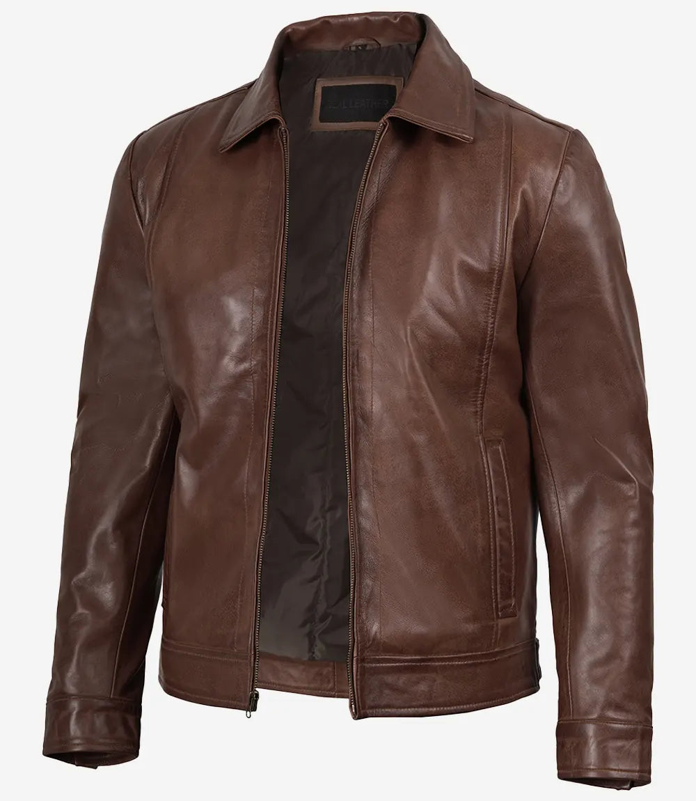 Veste en cuir véritable Reeves Harrington Cognac pour homme 