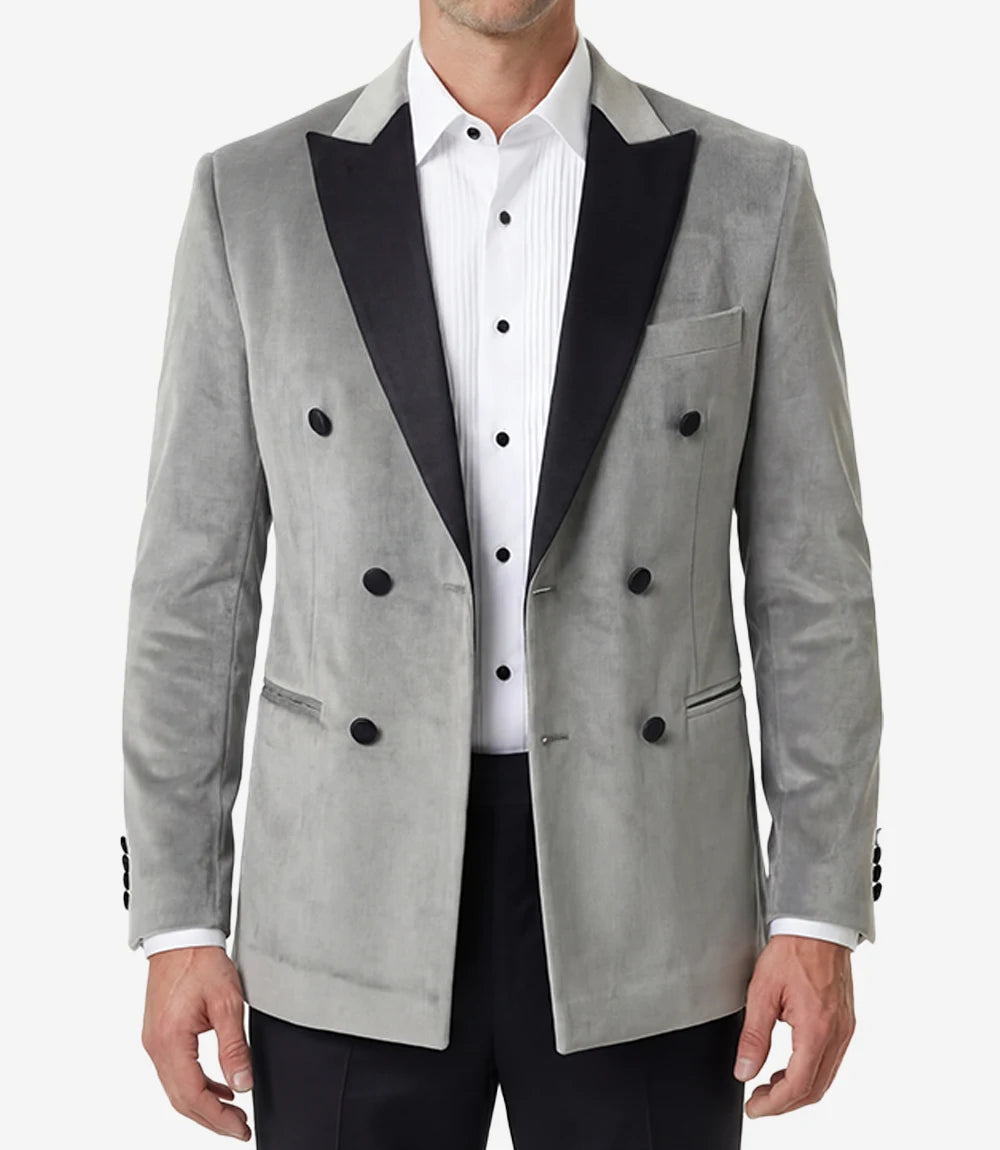 Men's Slate Grey Velvet Double Breasted Peak Lapel Tuxedo