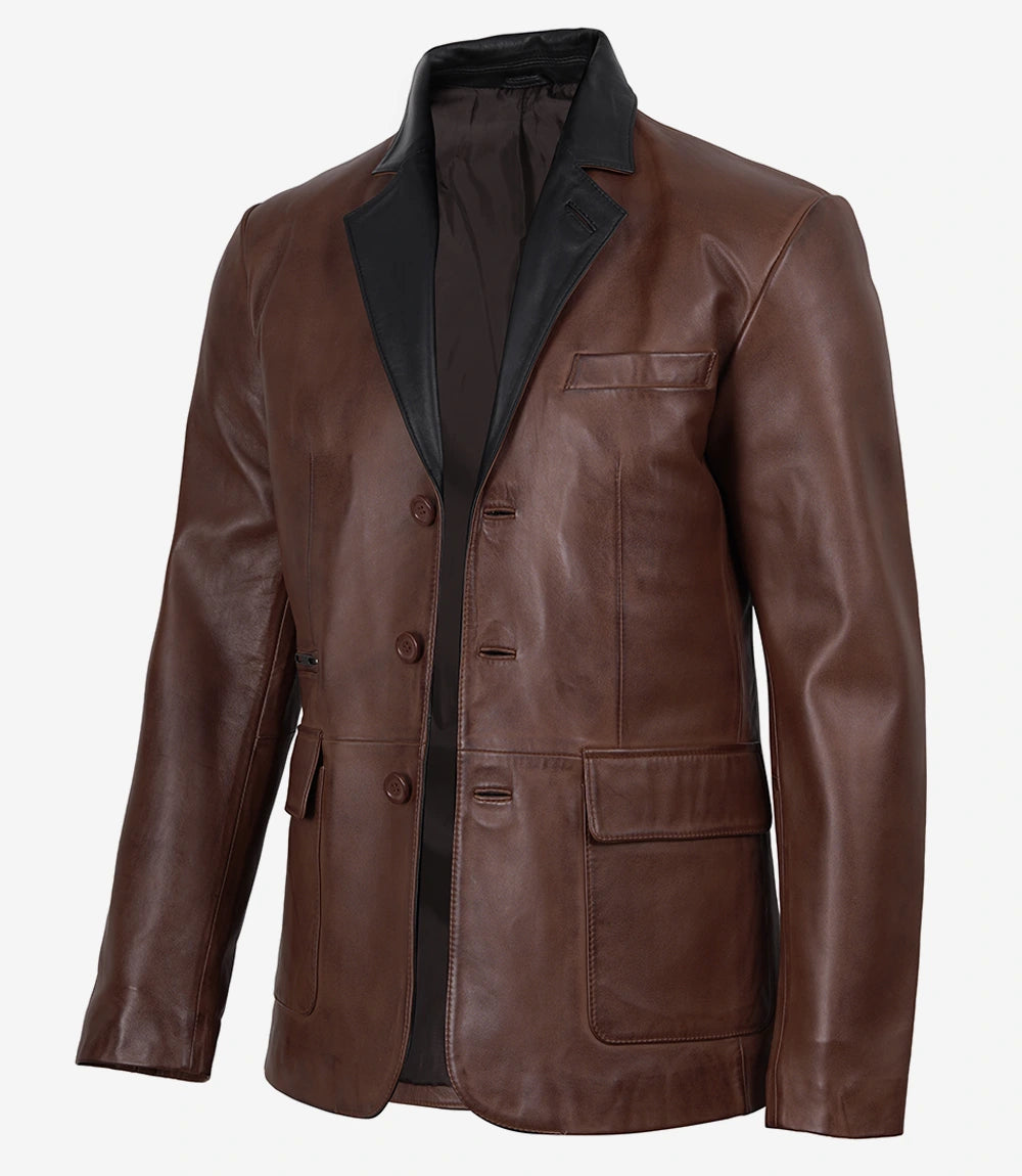 Men's 3 Button Cognac Waxed Leather Blazer with Black Lapels