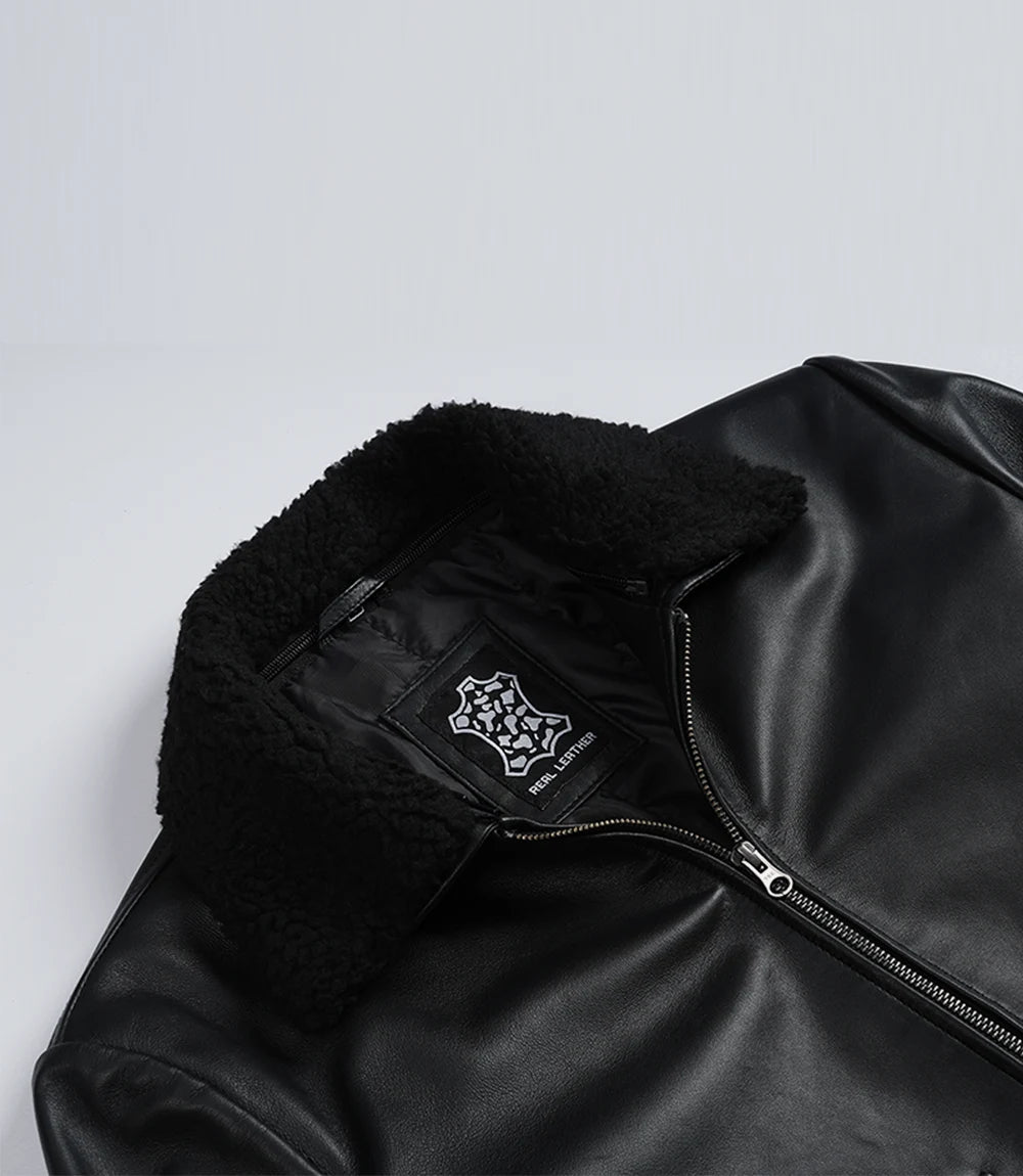 Men's Black Leather Aviator Jacket with Detachable Faux Shearling Collar