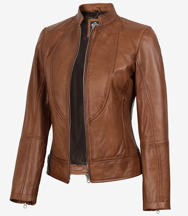 Veste en cuir ciré couleur tan, style motard slim fit pour femme