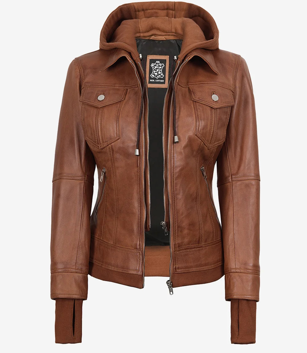 Blouson aviateur en cuir ciré beige Tralee pour femme avec capuche amovible