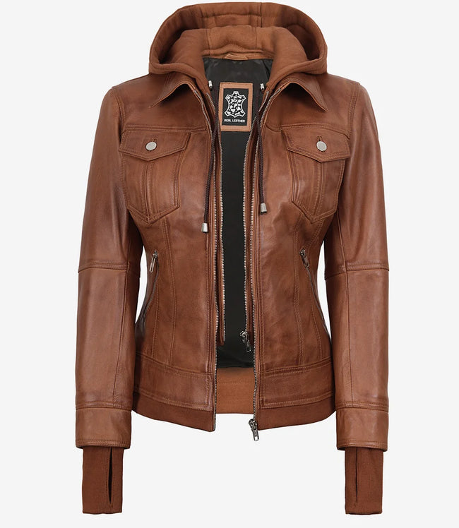 Blouson aviateur en cuir ciré beige Tralee pour femme avec capuche amovible