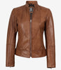 Veste en cuir ciré couleur tan, style motard slim fit pour femme