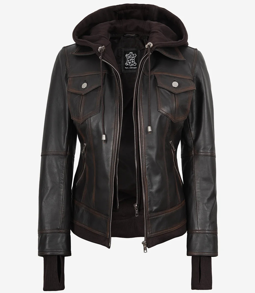 Blouson aviateur en cuir marron vieilli pour femme avec capuche amovible