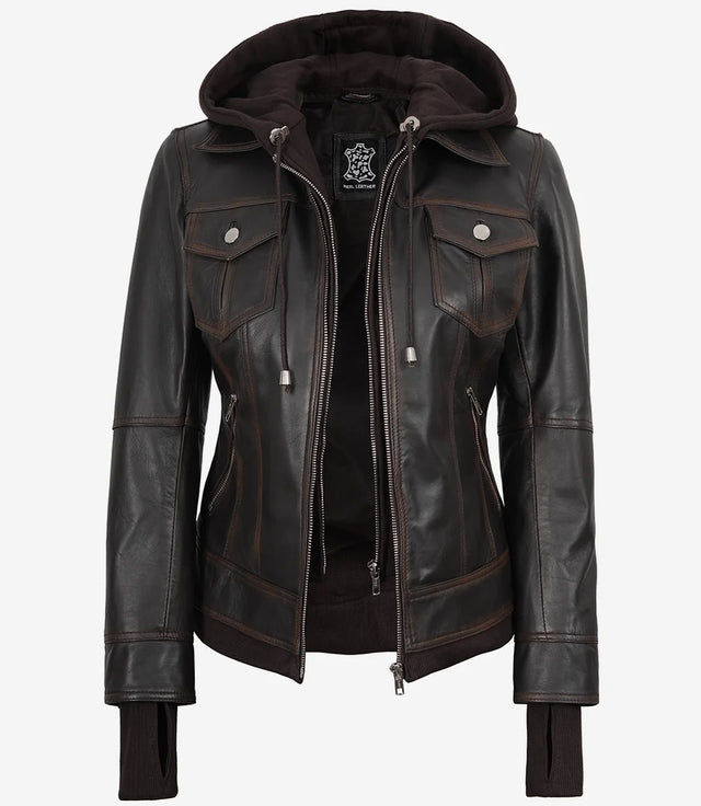 Blouson aviateur en cuir marron vieilli pour femme avec capuche amovible