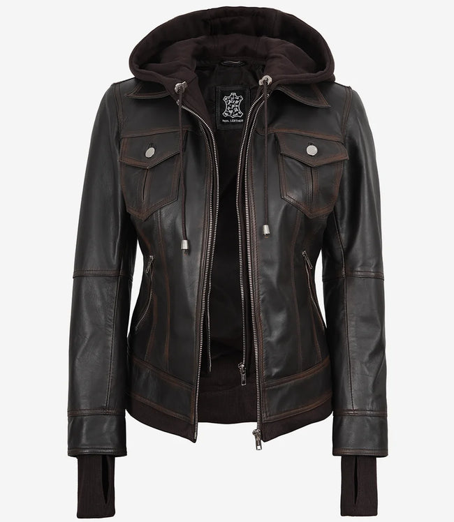 Blouson aviateur en cuir marron vieilli pour femme avec capuche amovible