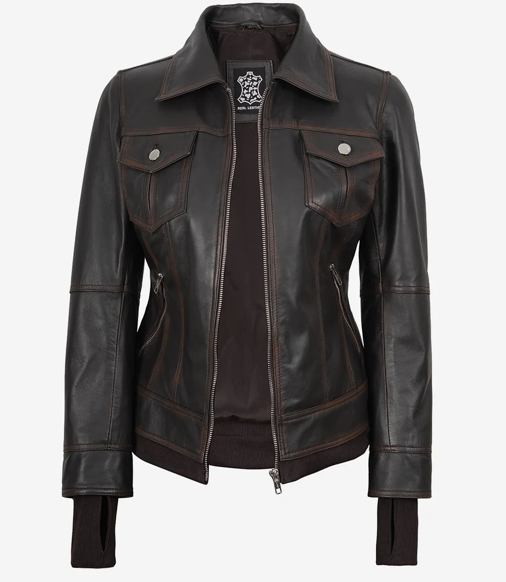 Blouson aviateur en cuir marron vieilli pour femme avec capuche amovible