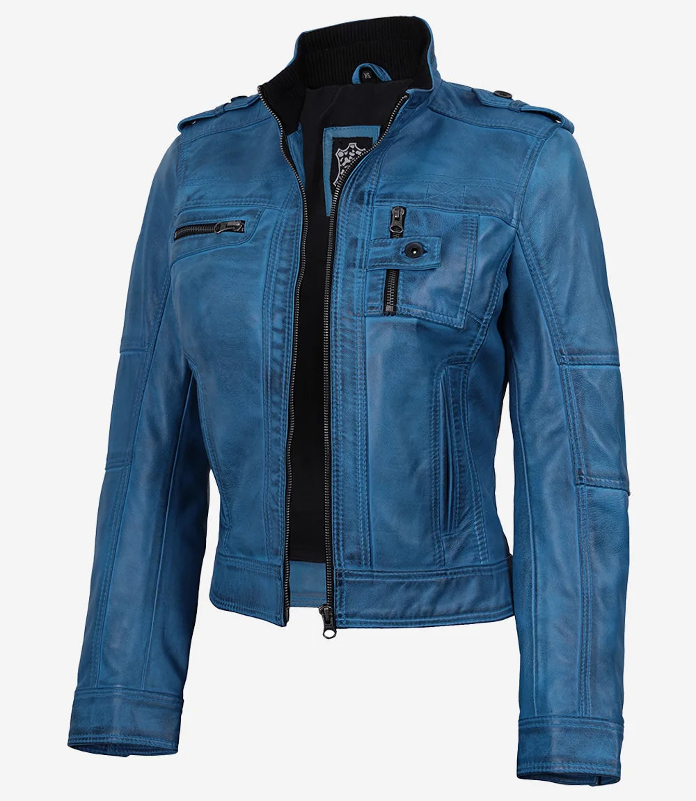 Veste style motard en cuir d'agneau ciré bleu pour femme
