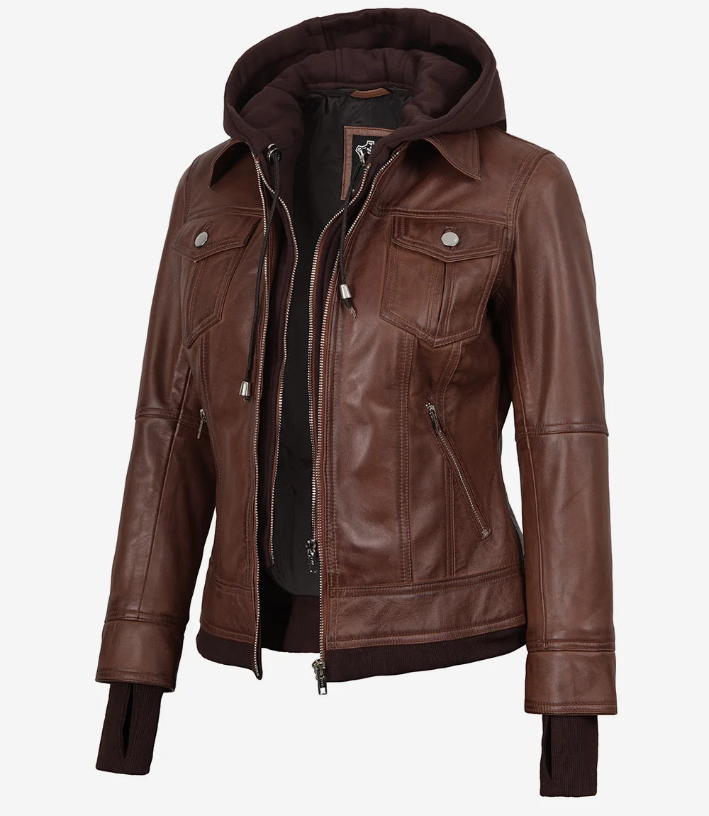 Blouson aviateur en cuir ciré cognac Tralee pour femme avec capuche amovible