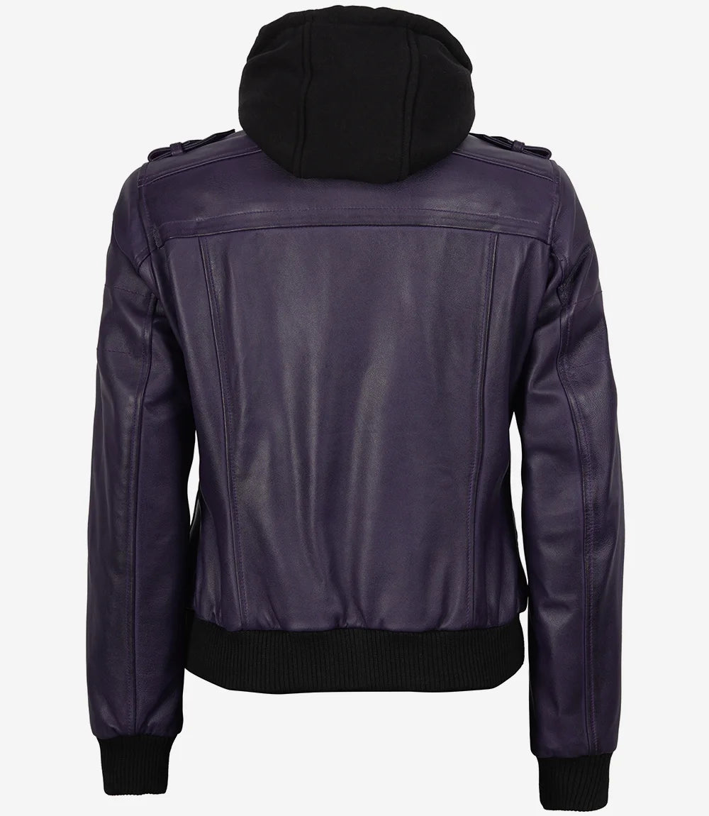 Blouson aviateur en cuir violet pour femme avec capuche amovible