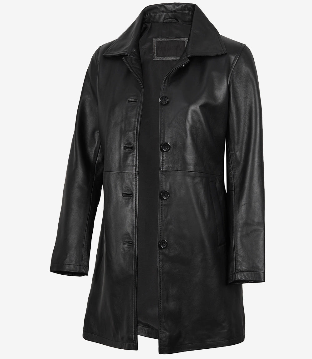 Womens 3 Quarter Length Black Leather Coat