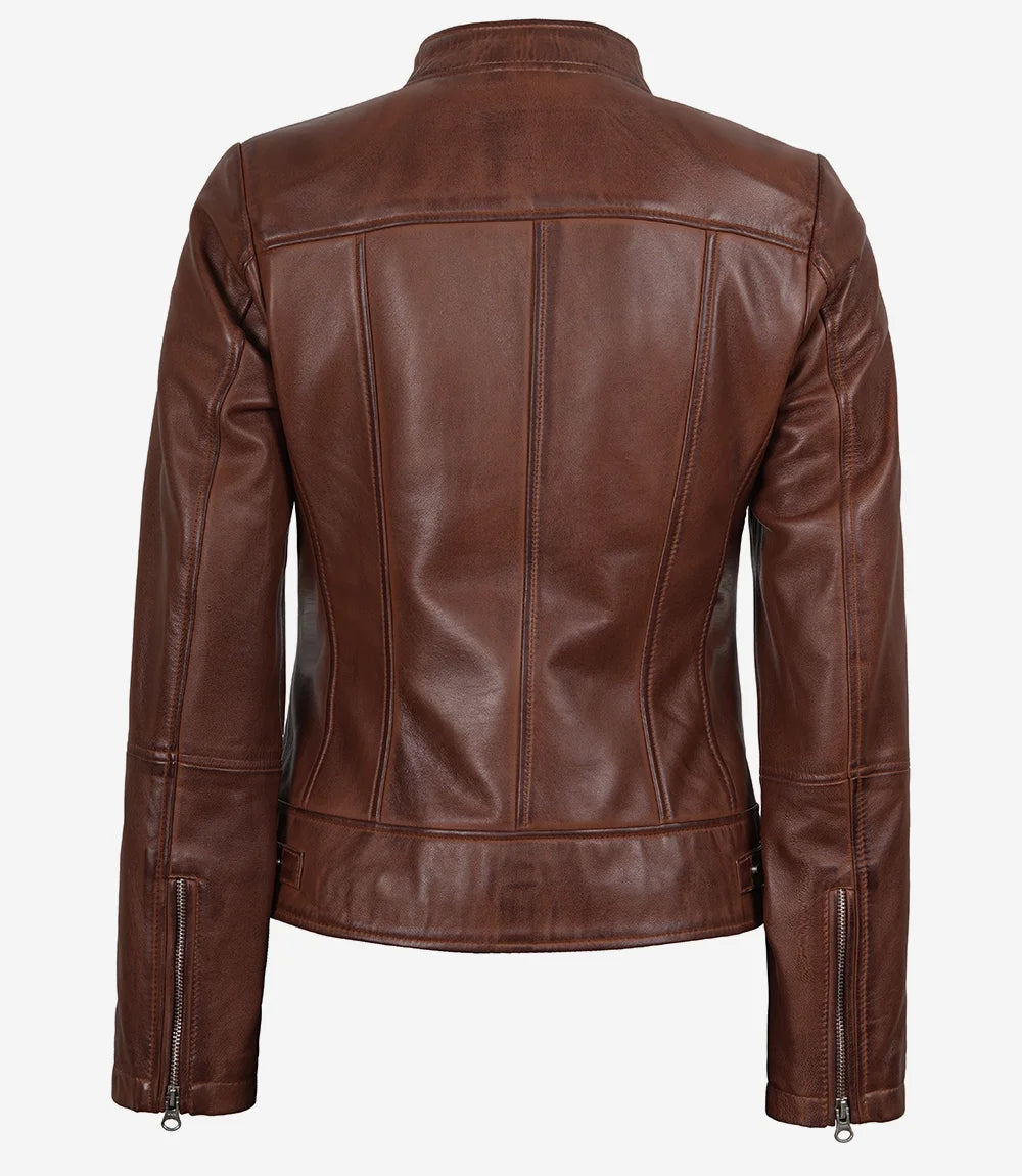 Veste style motard en cuir cognac pour femme