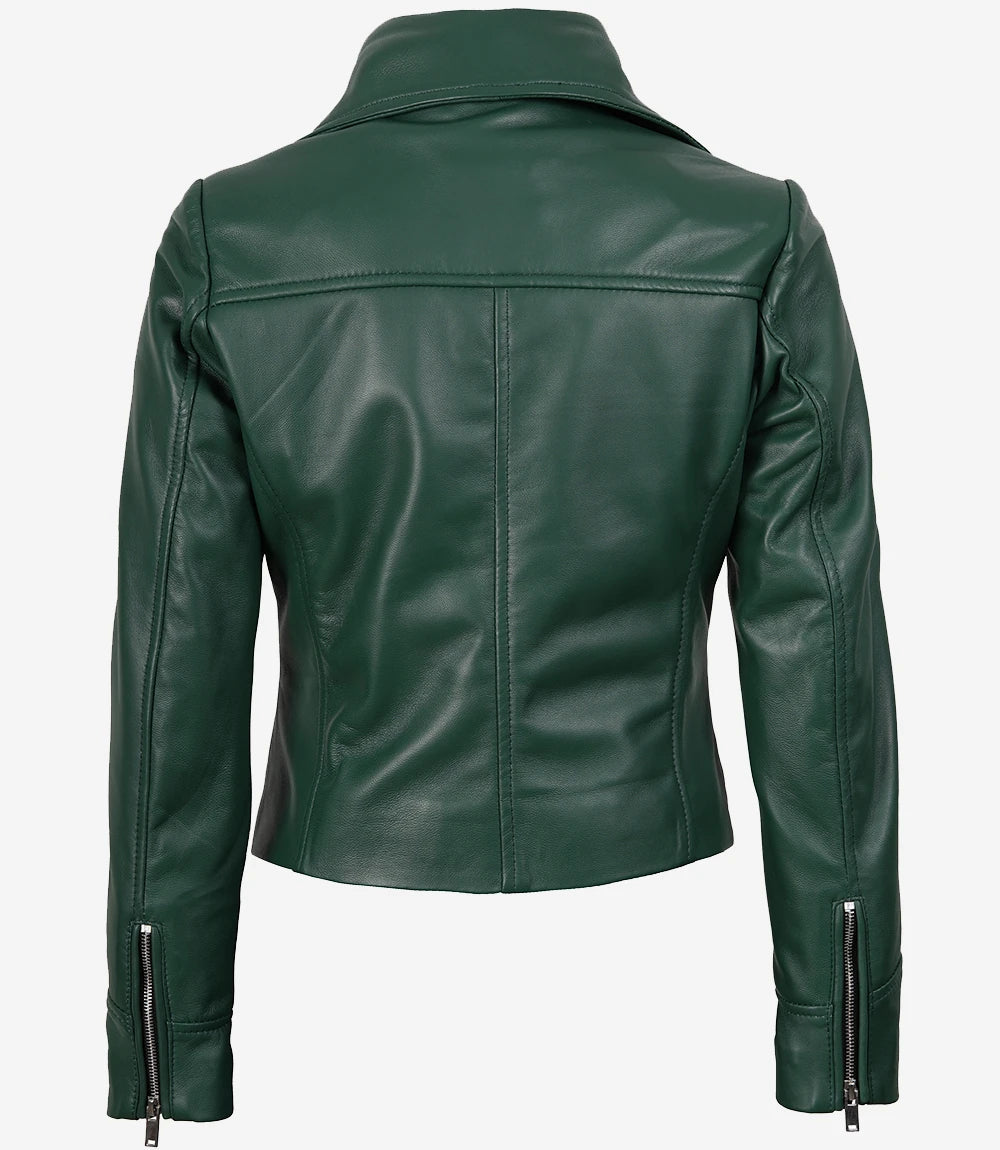 Veste motard verte en cuir d'agneau véritable pour femme