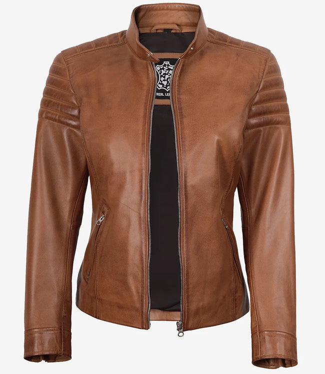 Veste style motard en cuir d'agneau véritable pour femme, couleur tan