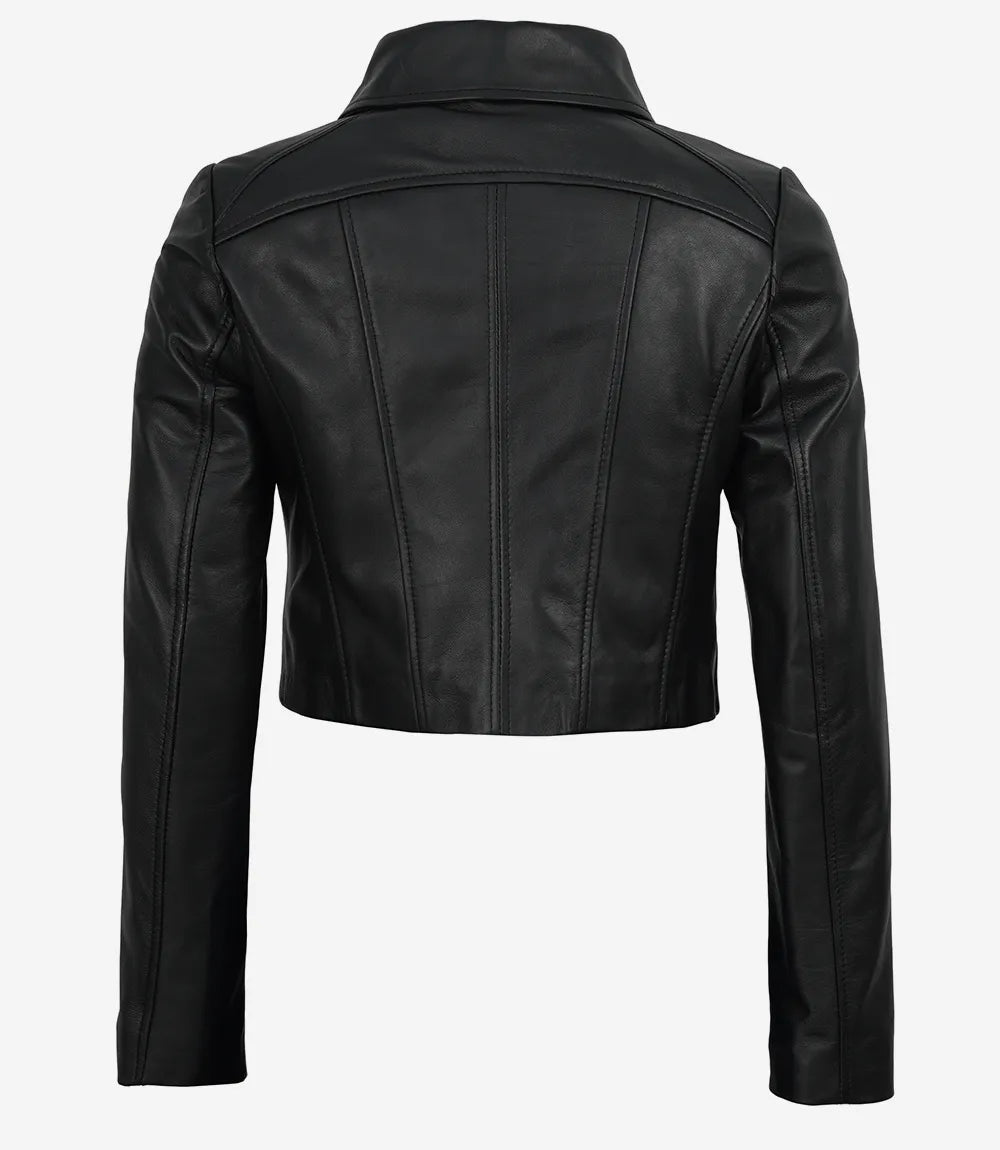 Marsha Women's Cropped Black Leather Jacket with Shirt Collar