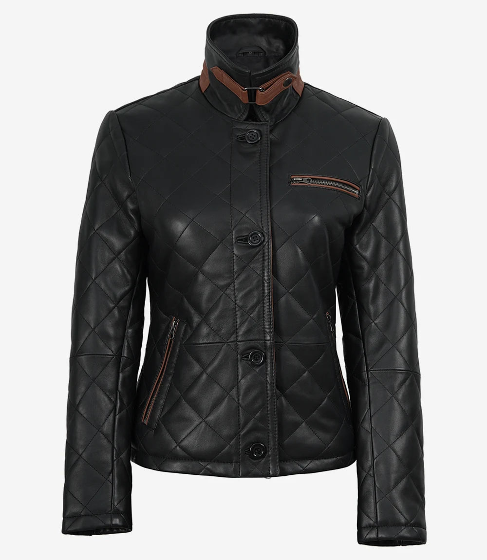Glen Women's Black Diamond Quilted Leather Jacket with Brown Trim