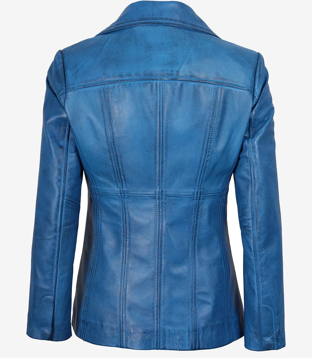 Manteau en cuir ciré bleu pour femme - Trois boutons