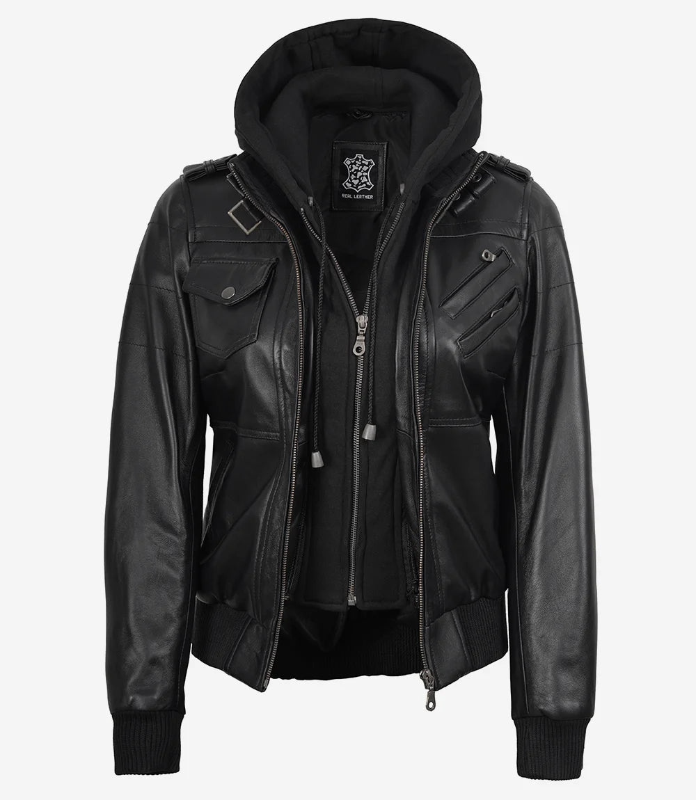 Blouson aviateur en cuir noir pour femme avec capuche amovible