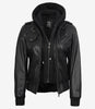 Blouson aviateur en cuir noir pour femme avec capuche amovible