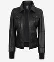 The Celeste: Womens Black Bomber Leather Jacket with Removable Hood