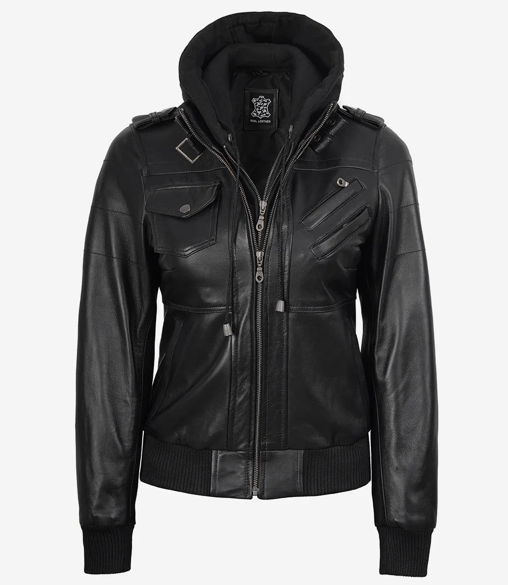 Blouson aviateur en cuir noir pour femme avec capuche amovible