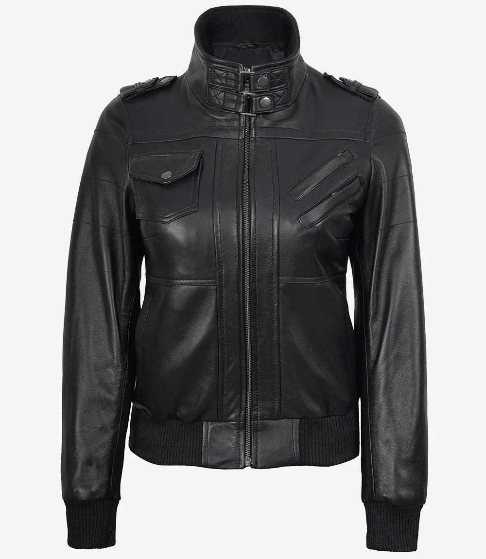 Blouson aviateur en cuir noir pour femme avec capuche amovible