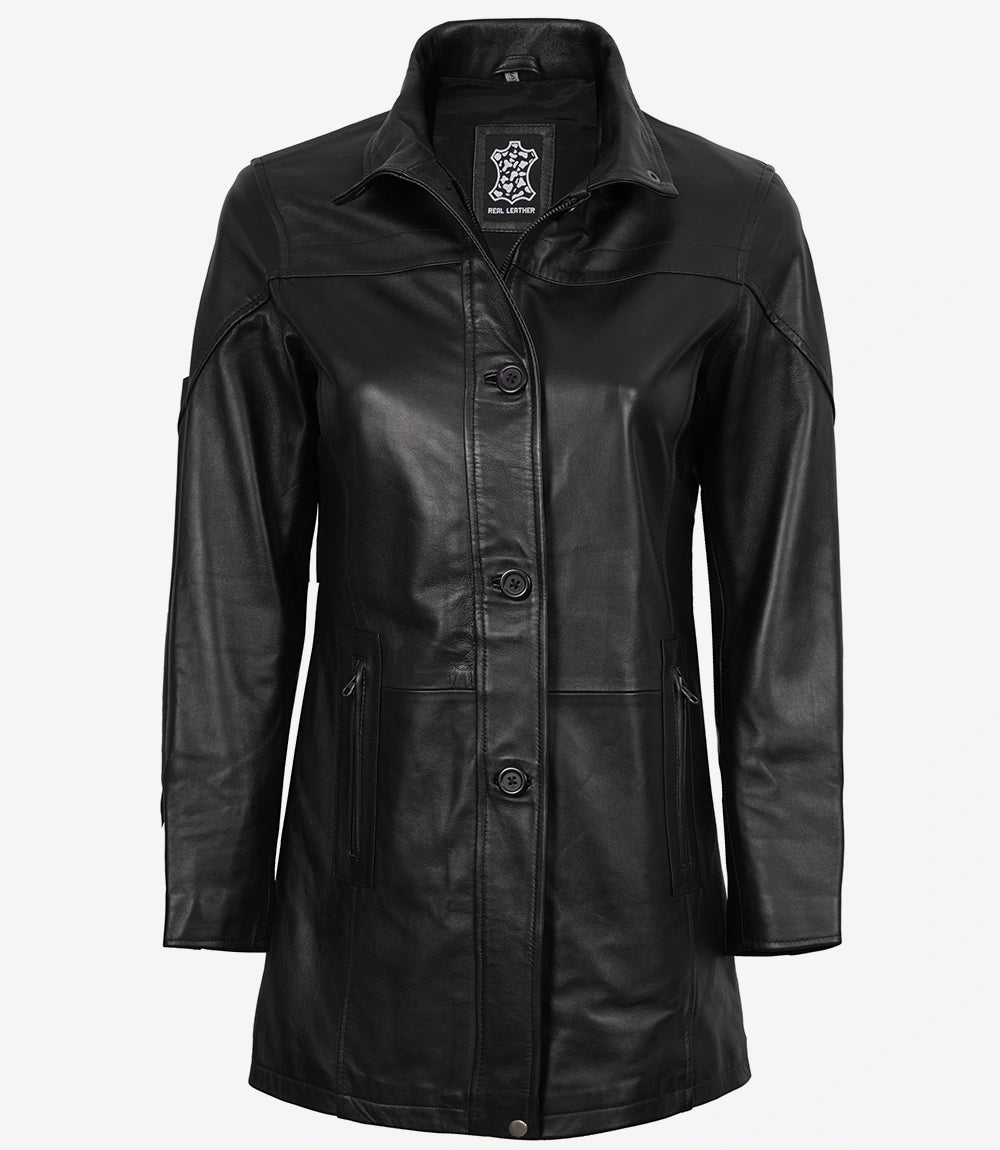 Manteau Bristol en cuir noir pour femme - Longueur 3/4