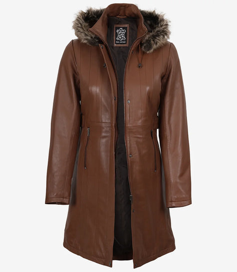 Manteau en cuir marron pour femme avec capuche amovible bordée de fourrure