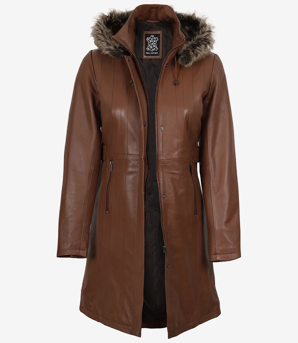 Manteau en cuir marron pour femme avec capuche amovible bordée de fourrure