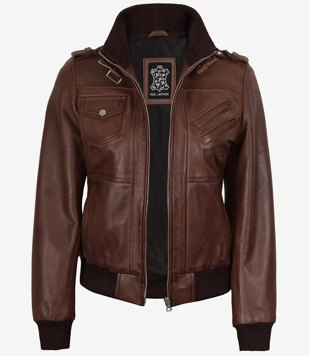 Blouson aviateur en cuir cognac pour femme avec capuche amovible