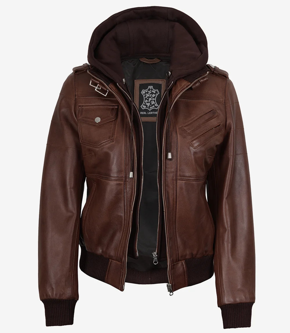 Blouson aviateur en cuir cognac pour femme avec capuche amovible