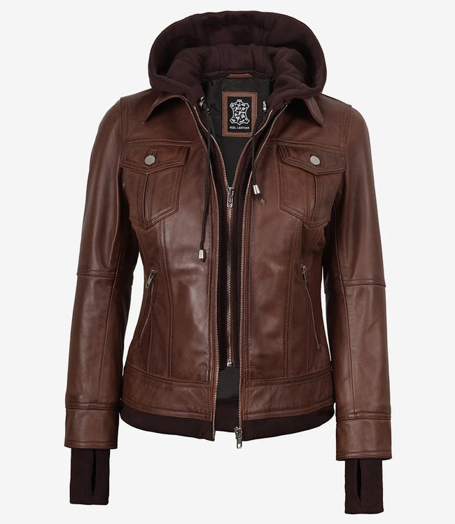 Blouson aviateur en cuir ciré cognac Tralee pour femme avec capuche amovible