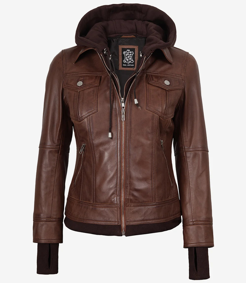 Blouson aviateur en cuir ciré cognac Tralee pour femme avec capuche amovible