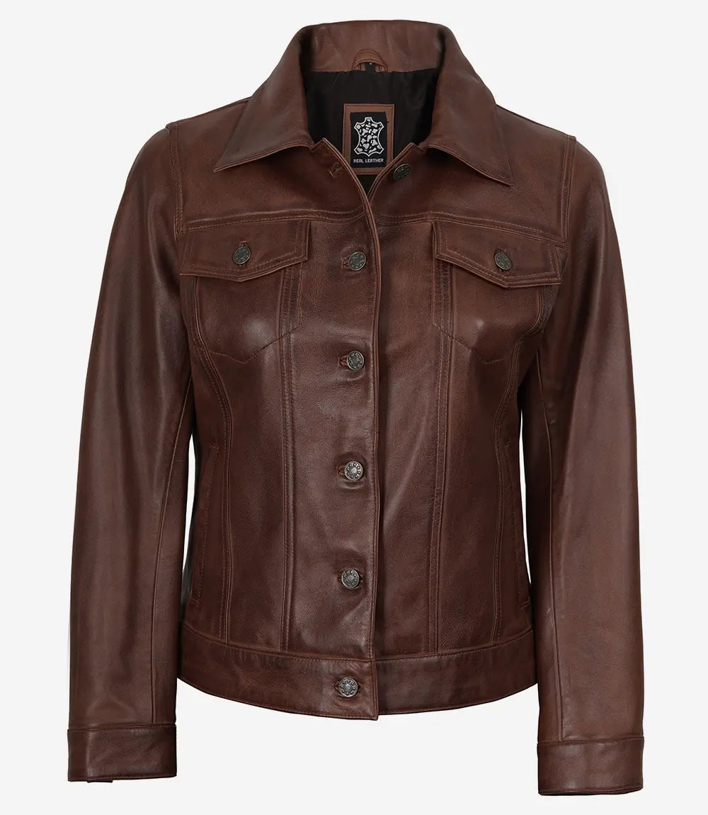 Womens Cognac Brown Trucker Leather Jacket