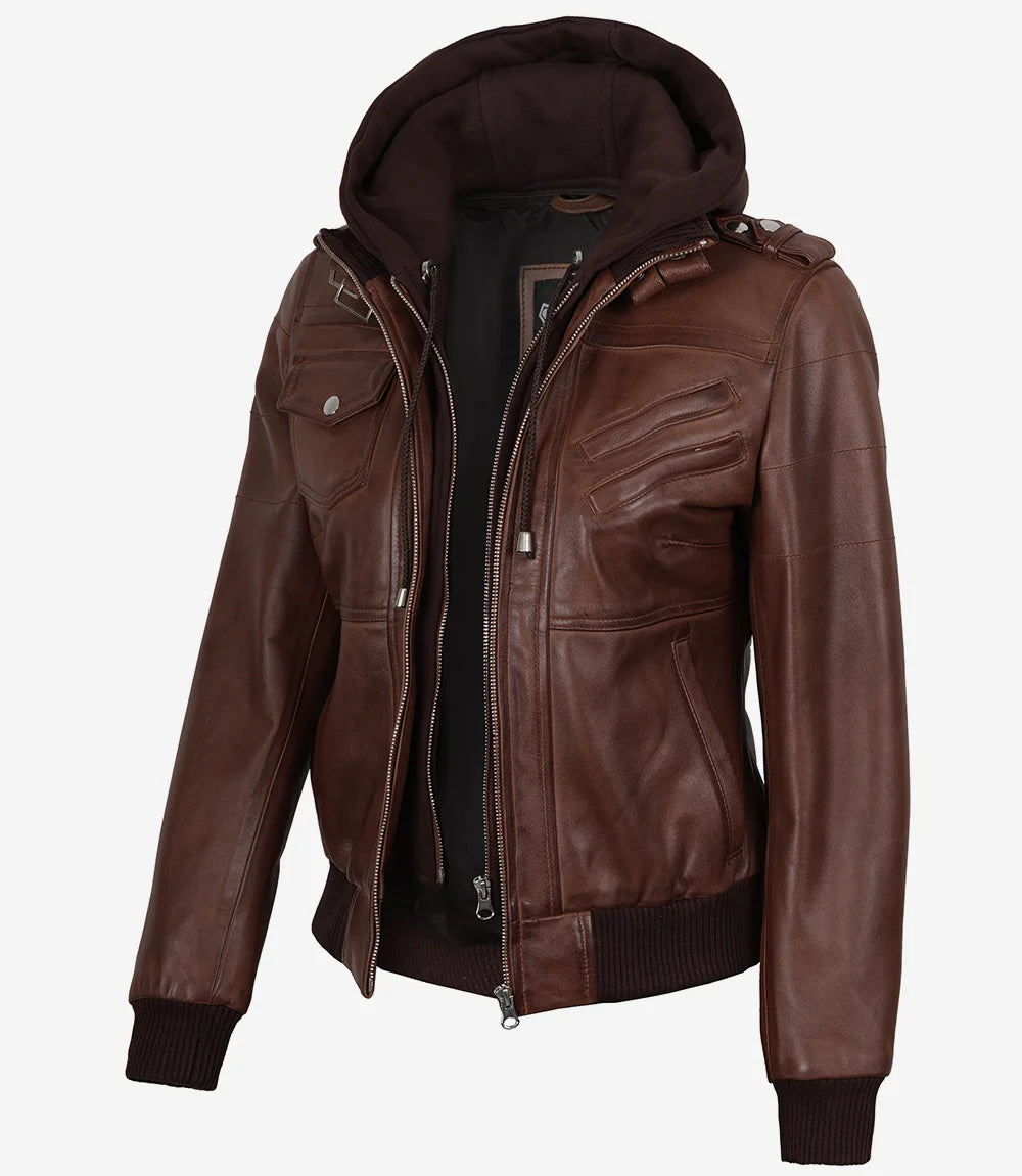 Blouson aviateur en cuir cognac pour femme avec capuche amovible