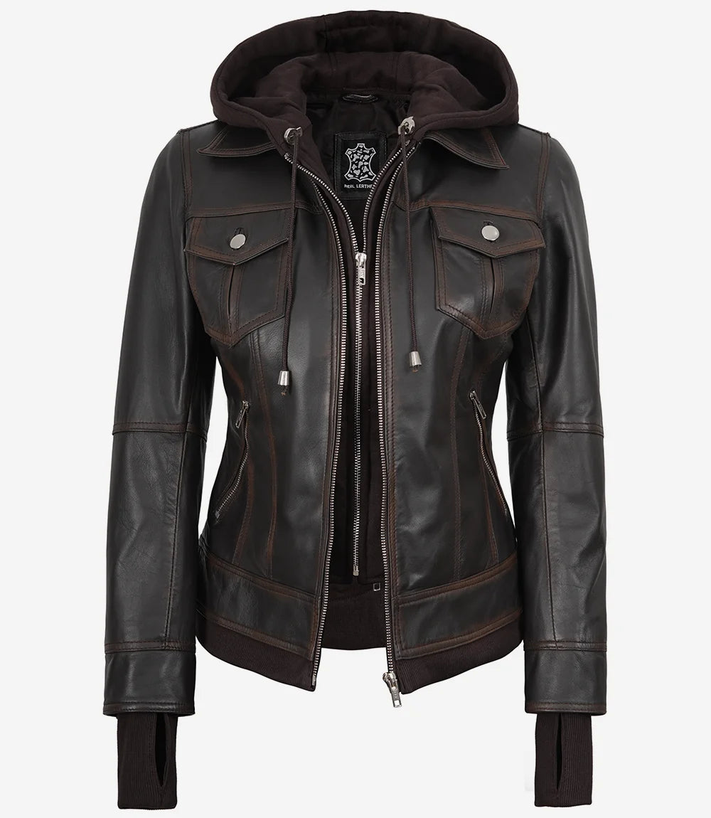Blouson aviateur en cuir marron vieilli pour femme avec capuche amovible