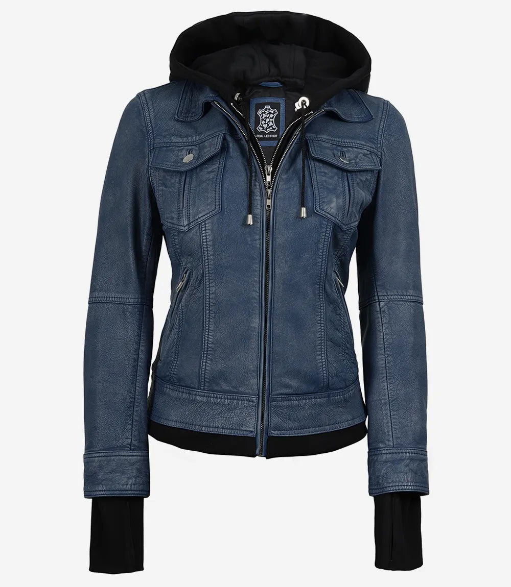 Blouson aviateur en cuir ciré cognac Tralee pour femme avec capuche amovible