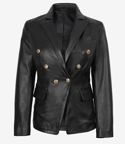 Blazer croisé en cuir noir pour femme Kim