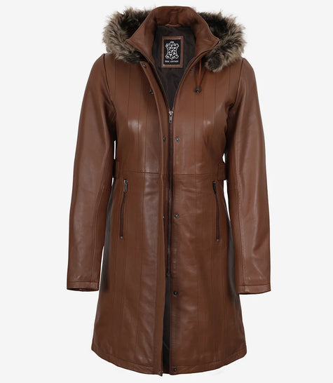 Manteau en cuir marron pour femme avec capuche amovible bordée de fourrure