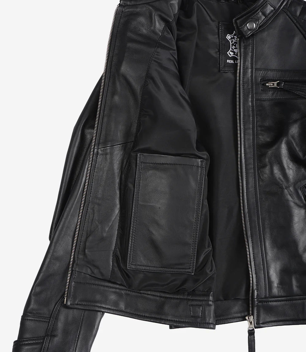 Veste motard en cuir noir pour femme - Épaules matelassées