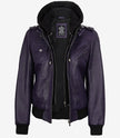 Blouson aviateur en cuir violet pour femme avec capuche amovible
