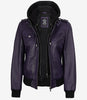 Blouson aviateur en cuir violet pour femme avec capuche amovible