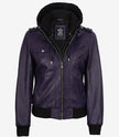 Blouson aviateur en cuir violet pour femme avec capuche amovible