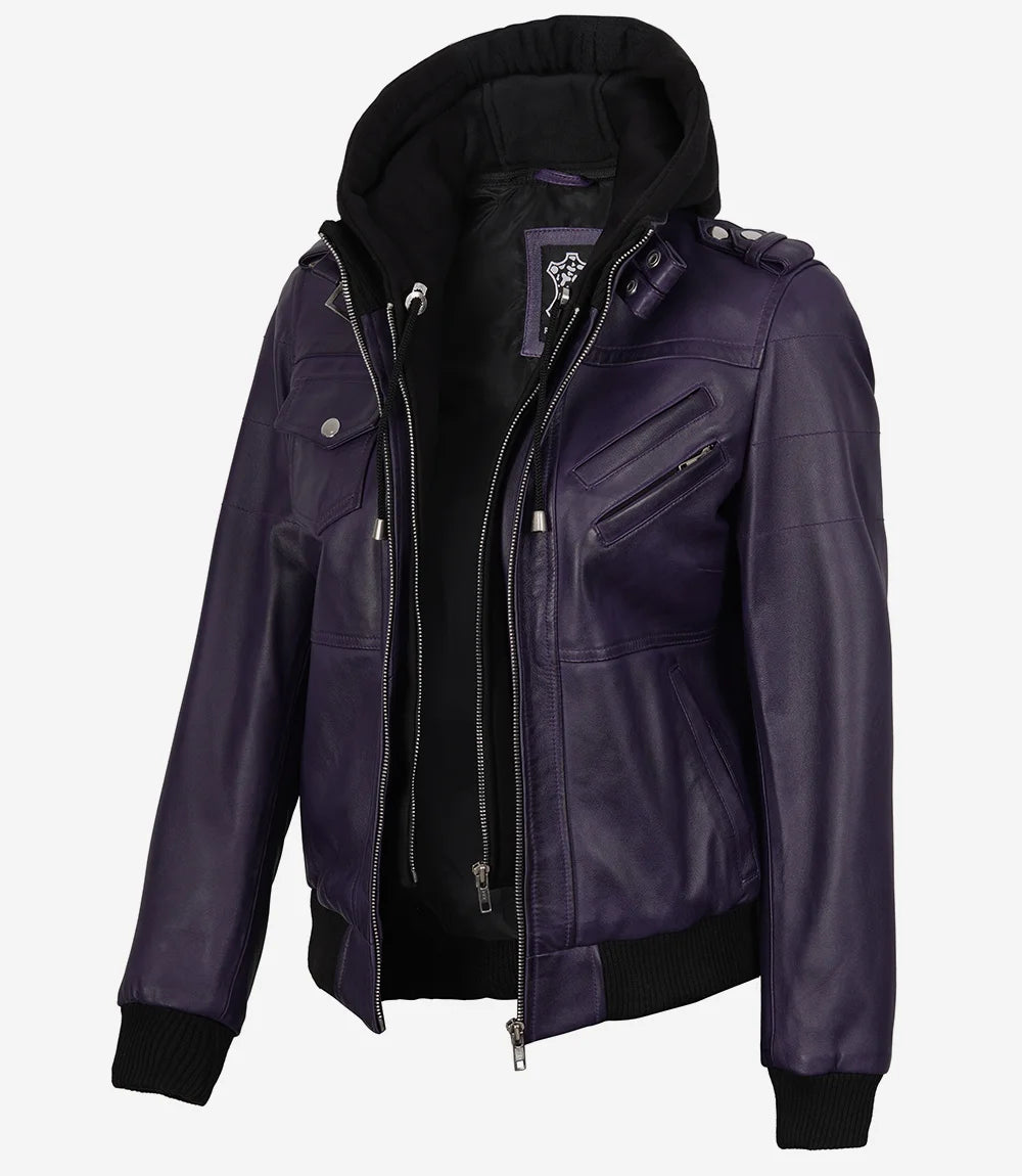 Blouson aviateur en cuir violet pour femme avec capuche amovible