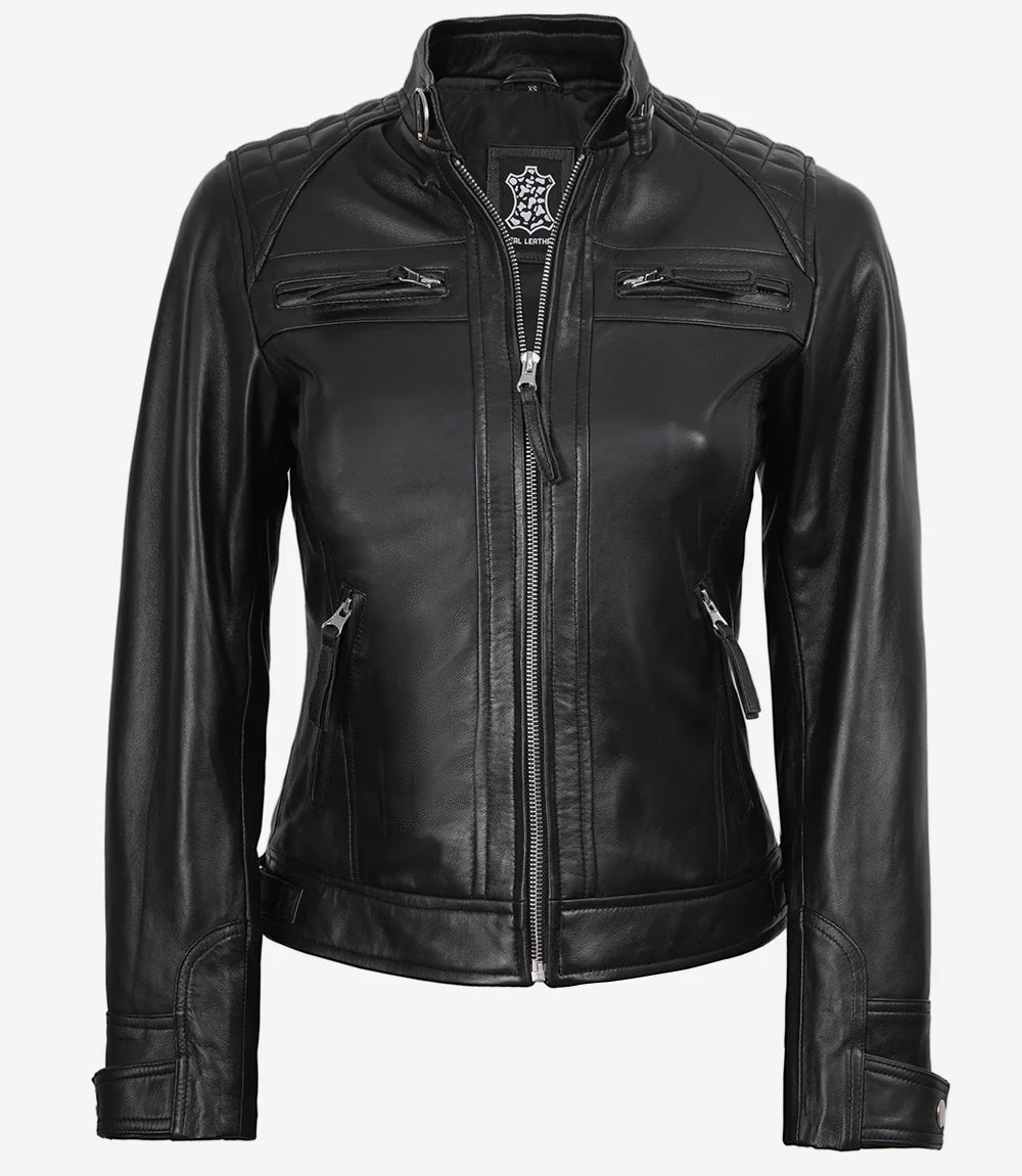 Veste motard en cuir noir pour femme - Épaules matelassées