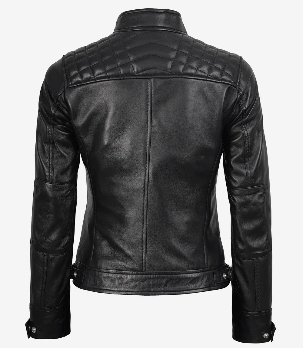 Veste motard en cuir noir pour femme - Épaules matelassées